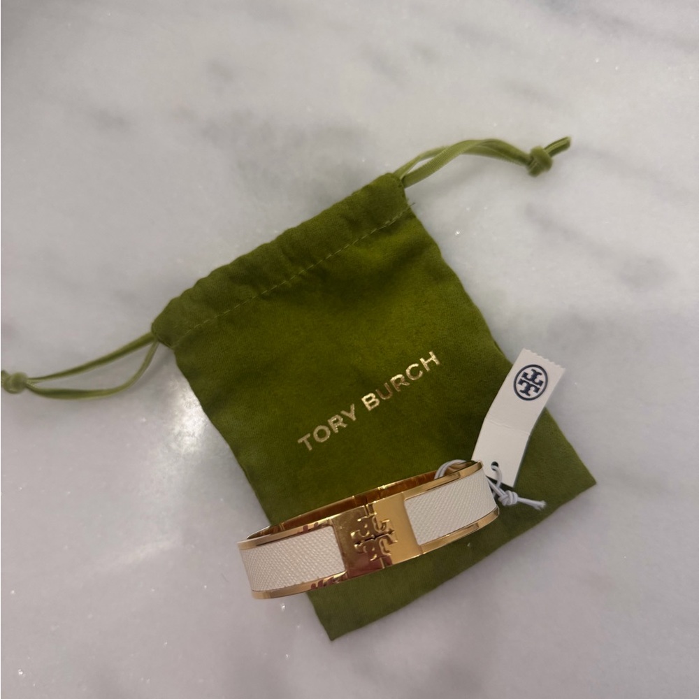 Tory Burch Gold and Cream Leather Inlay Cuff Braclet